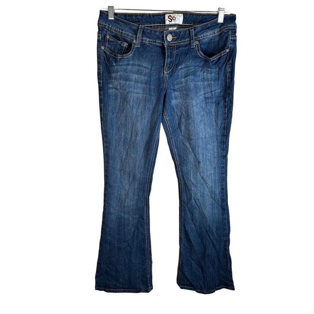 SO Vintage Y2K Blue‎ Dark Wash Flap Pocket Stretch Denim Wide Leg Jeans 11